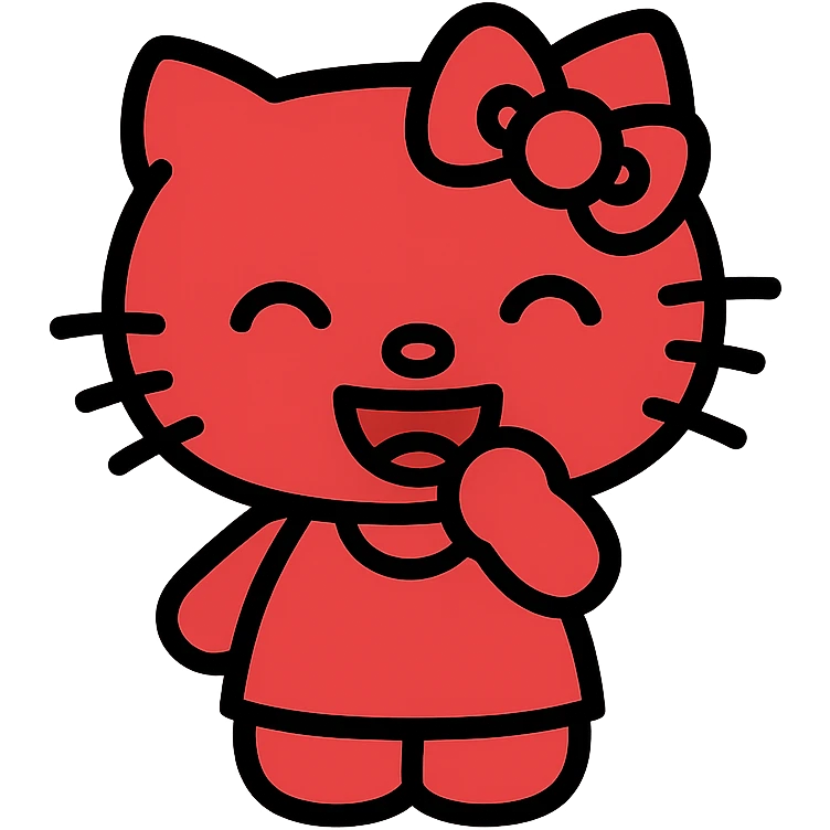 Hello Kitty character, red color, laughing expression, simple and iconic style emoji