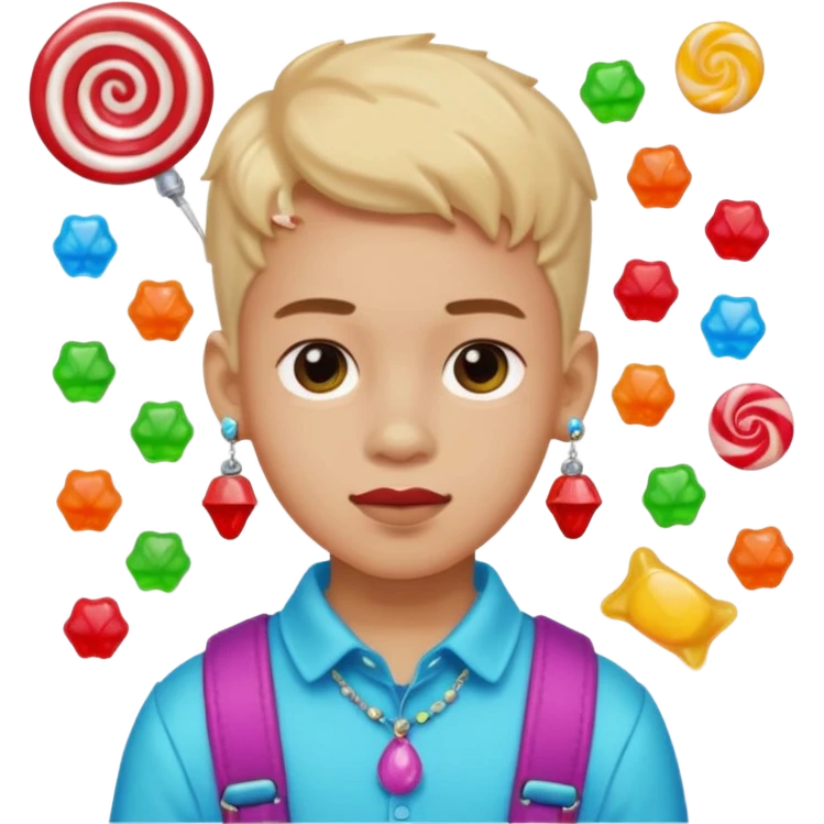 boy with a lot of accessories and earrings made out of candy emoji