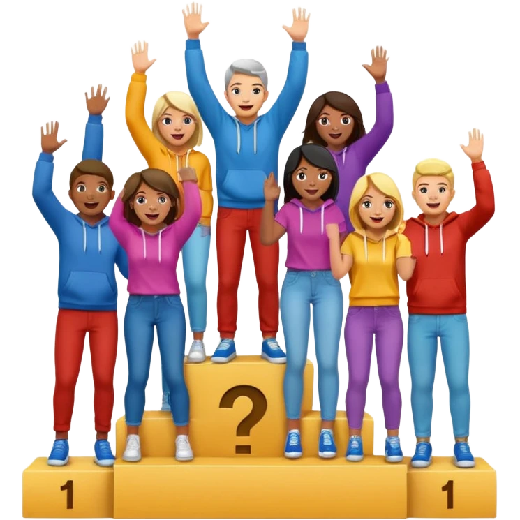 multi-racial people in colorful jeans t-shirts and hoodies on a winners’ podium with middle step higher, no numbers, excited fun expressive emoji style emoji