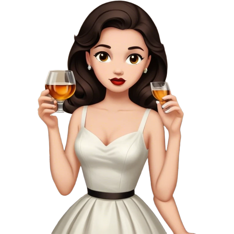 Beautiful woman in 1950’s woman fashion look, white dress, long dark brown hair, whisky emoji