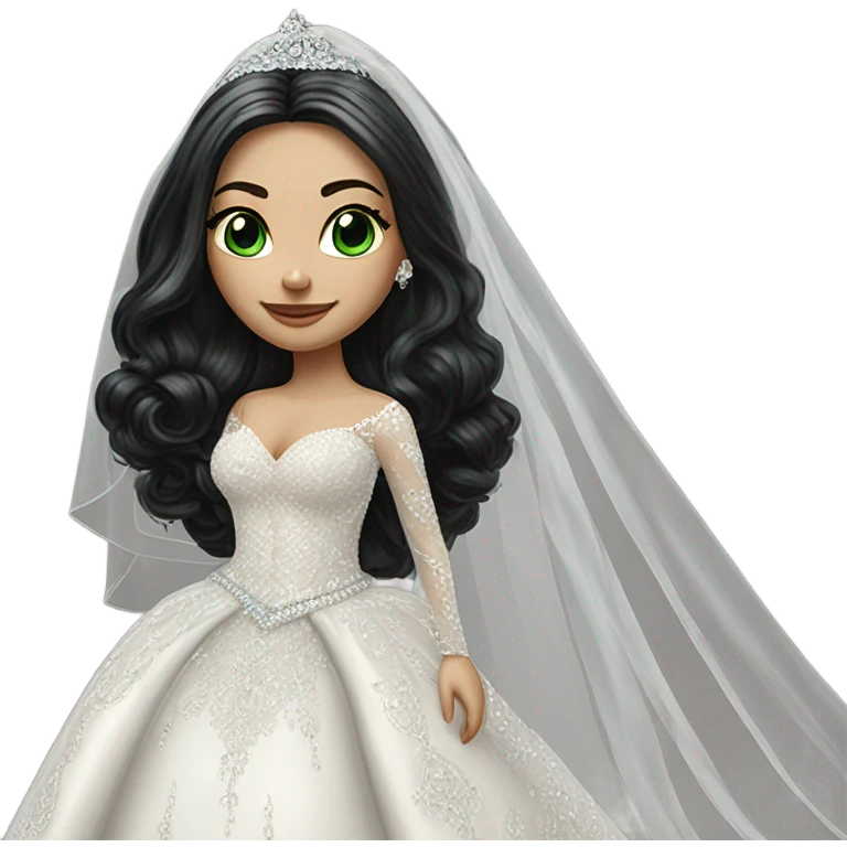 Hyper Realistic ornate ballgown long sleeve Wedding dress with diamanté on Russian bride with pale skin and green eyes and long black hair with veil and diamond jewelry hyper realistic  emoji