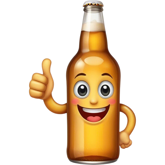 A beer bottle with a big smile and expressive eyes giving a thumbs-up emoji