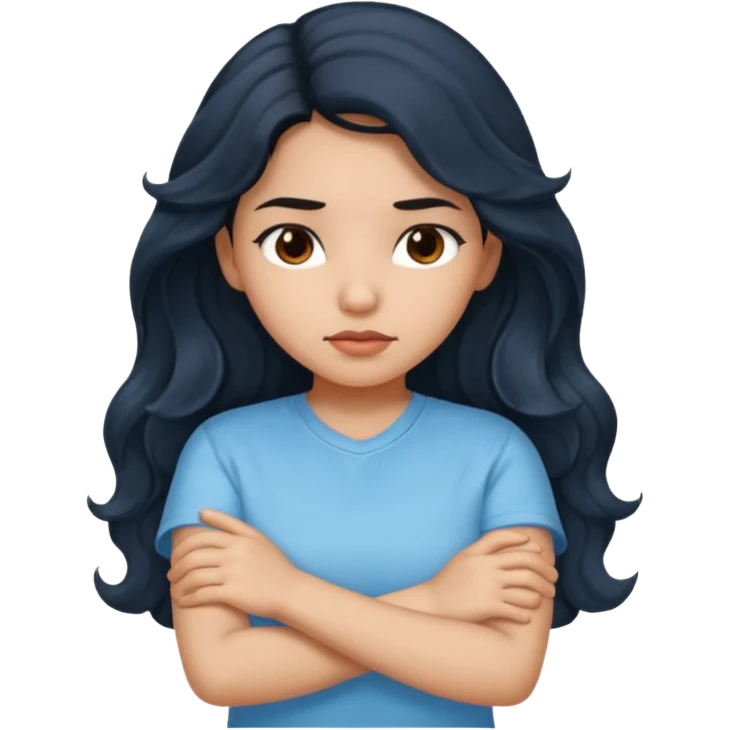 Hispanic girl dark long wavy hair crossing her arms with slight pout emoji