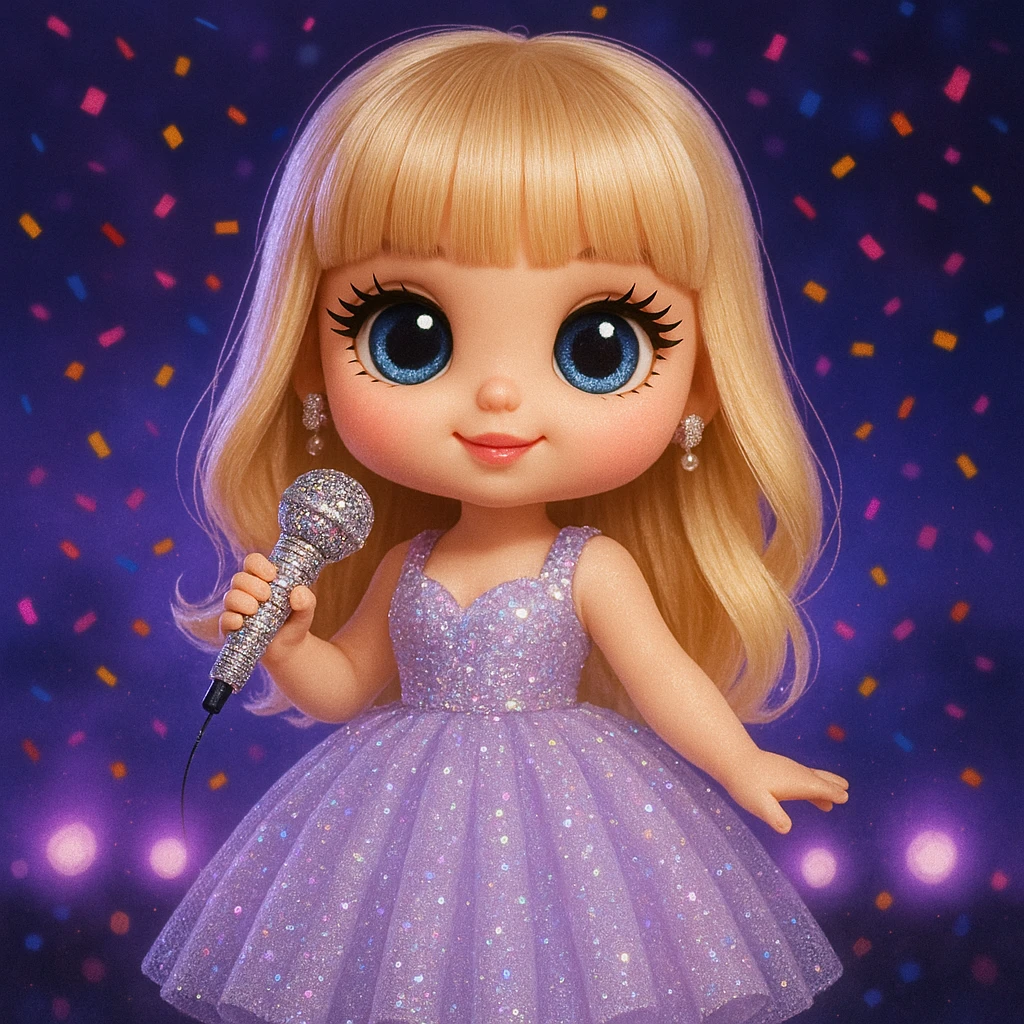 Pretty and girly Blonde pop star with bangs wearing a sparkly tulle light purple ballgown, holding a bedazzled microphone, reimagined as a cute doll, with a nighttime concert backdrop with colorful confetti emoji