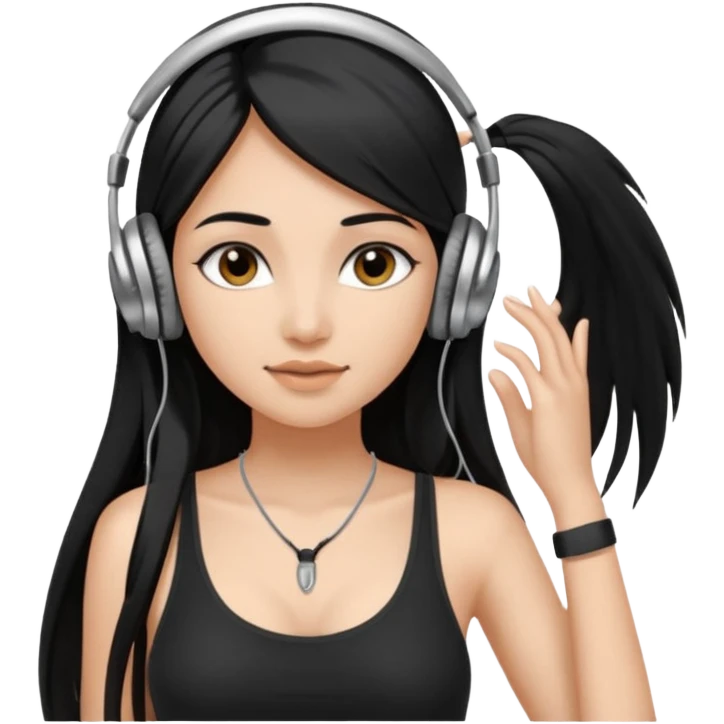 a fair indian girl with straight black long hair, wearing a black cami top. and wearing silver  headphones on emoji
