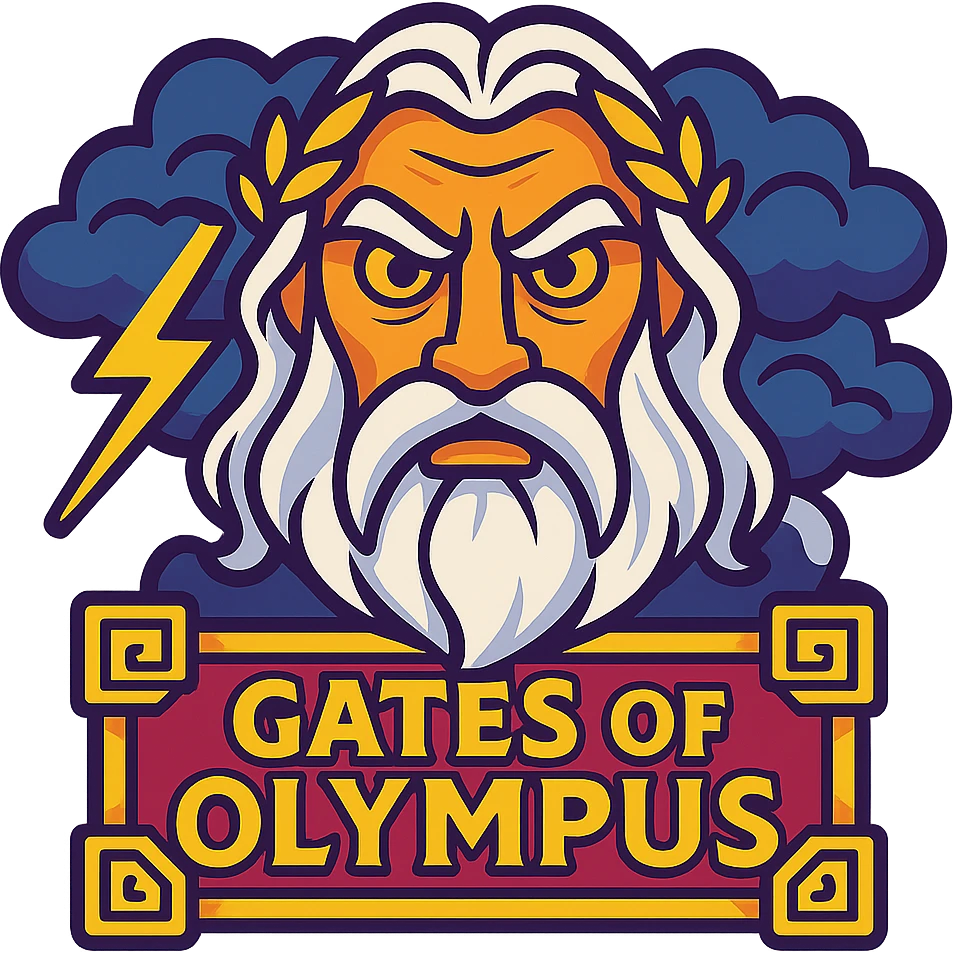 Gates of Olympus slot emoji with a dramatic Zeus face, thunderclouds, and ornate gold details emoji