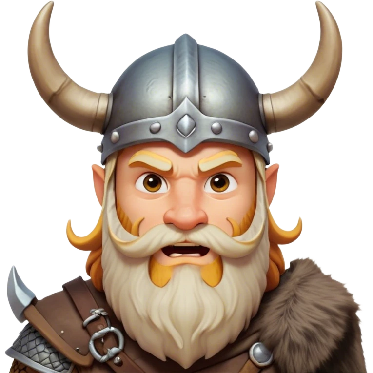 Clash of Clans aesthetic: Cinematic Comical Viking Portrait Emoji, Head tilted dramatically with an exaggerated, fun expression and wide, comically expressive eyes, featuring a rugged yet cartoonish build with a quirky Viking helmet with oversized horns and a playful beard, his face rendered in natural skin tone, Simplified yet hilariously expressive features, highly detailed, glowing with a slightly sassy, vibrant radiance, high shine, dramatic yet playful, stylized with an air of cheeky Nordic mischief, soft glowing outline, capturing the essence of a meme-worthy Viking bringing humor to epic adventures! emoji