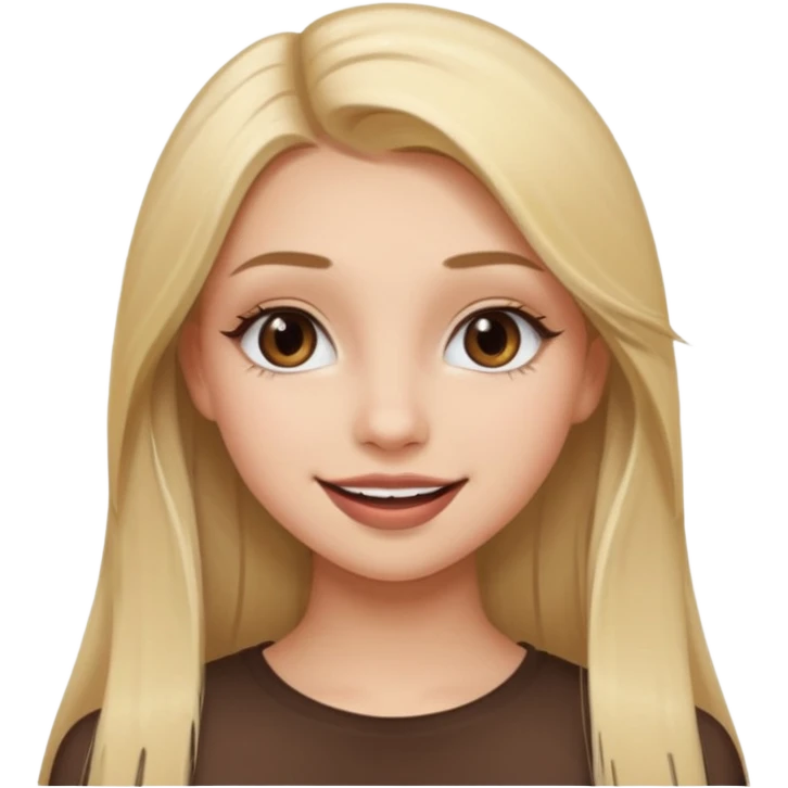 una chica con pose divertida de 18 años con los labios con pintalabios nude y los ojos maquillados, de piel blanca con el pelo liso, largo y rubio, ojos marrones emoji