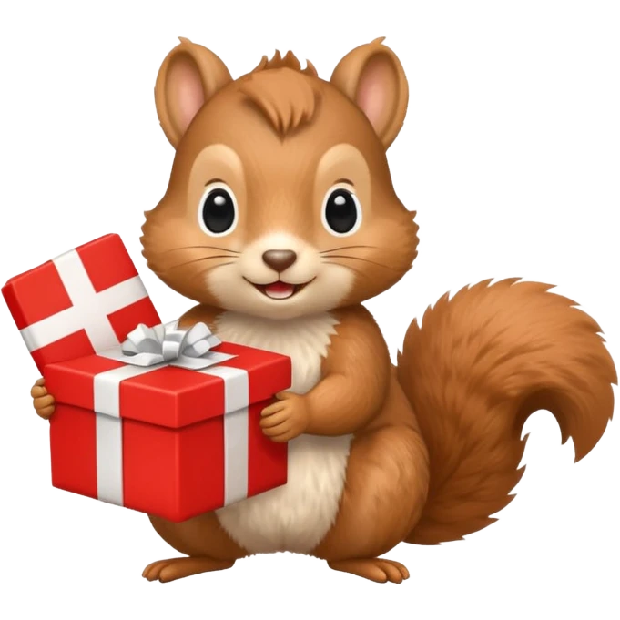 squirrel holding a red gift box and a Swiss flag, friendly and happy emoji