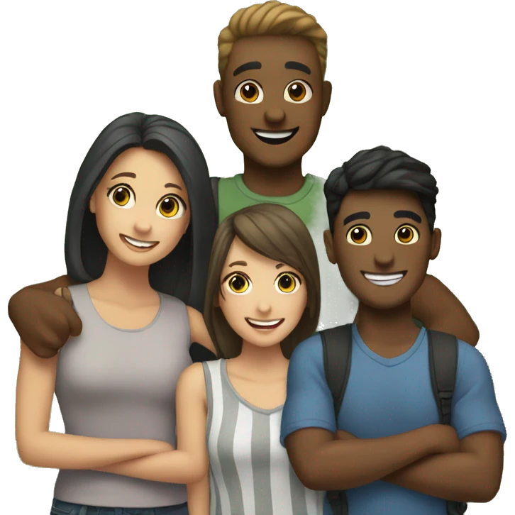 6 smiling friends outdoors together, 2 male, 4 female emoji