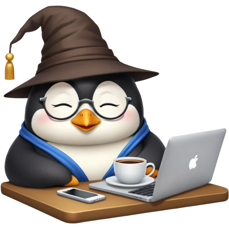 A penguin wizard who have spectacles, sitting in front of Macbook and have coffee cup on one side and cat sleeping on other side emoji emoji