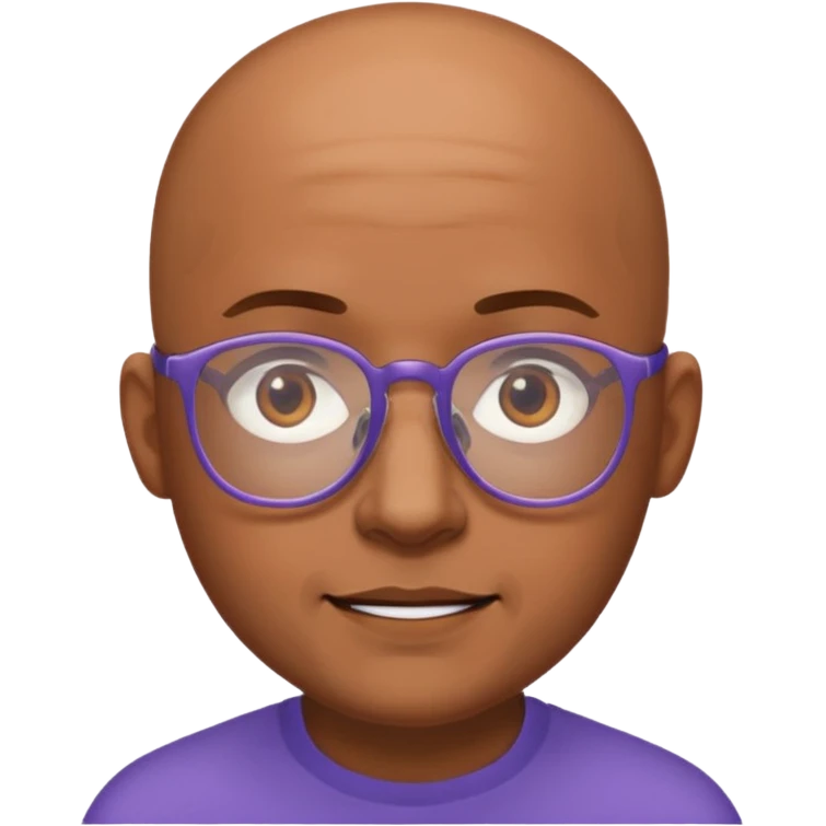 expressive Twitch emote of a cartoon-style character in an emoji-like art style. Bright colors, outlined, transparent background. Use the following face: male person in their early 30s, brown skin, bald, with glasses and a gentle face. emoji
