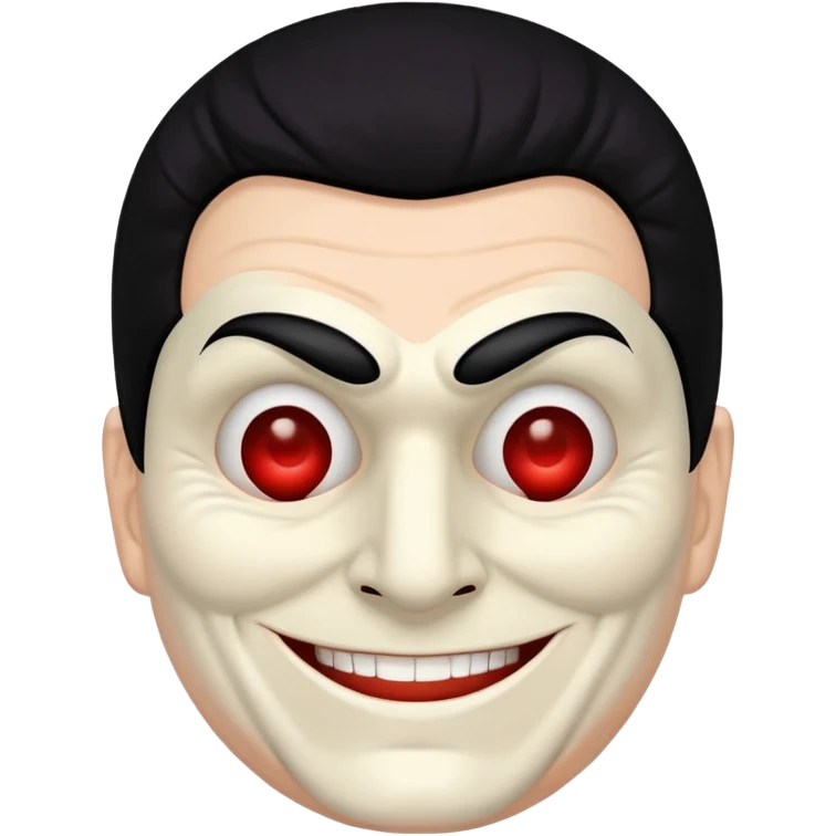 full face masked man, evil, serial killer, creepy, black hair, older, shoulders, smiling, hollow eyes emoji