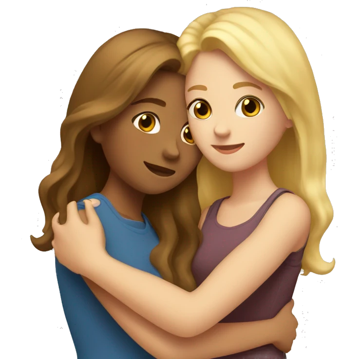 two girl best friends hugging, 1 with brown hair and 1 with blonde hair  emoji