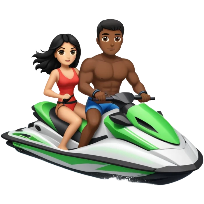Black muscular man in back of jet ski holding on to Italian girl with black hair driving the jet ski. The GIRL IS DRIVING emoji