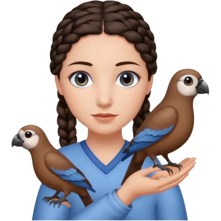 женщина с одной темно-коричневой косой серо-голубыми глазами и светлой кожей держит на руке трех птиц коричневого цвета emoji