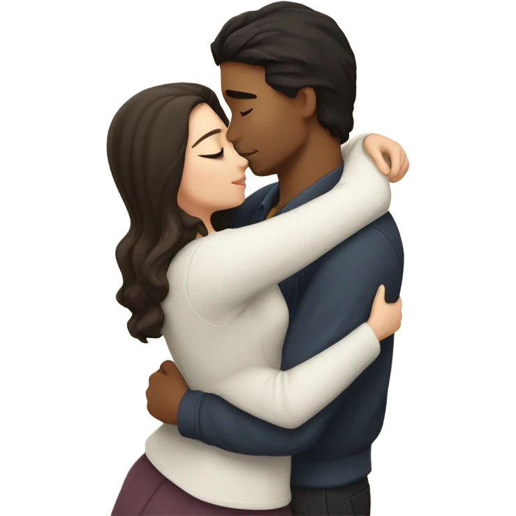 A pale half Asian man with short dark hair and amber eyes embracing and loving a white woman with long wavy brunette hair and dark hazel eyes. They love each other a lot And have good fashion taste and are hugging each other tight  emoji