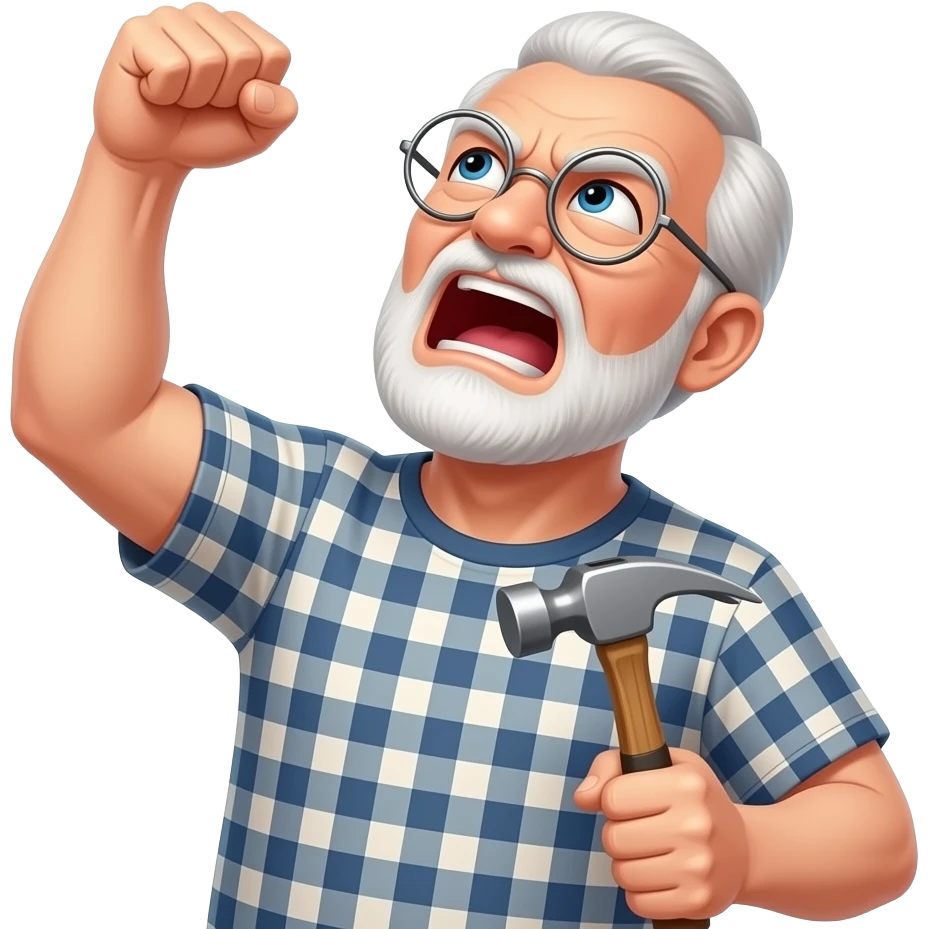 grumpy angry old man yelling with round silver glasses and a plaid t-shirt shaking his fist and looking up at the sky with a hammer in his left hand emoji