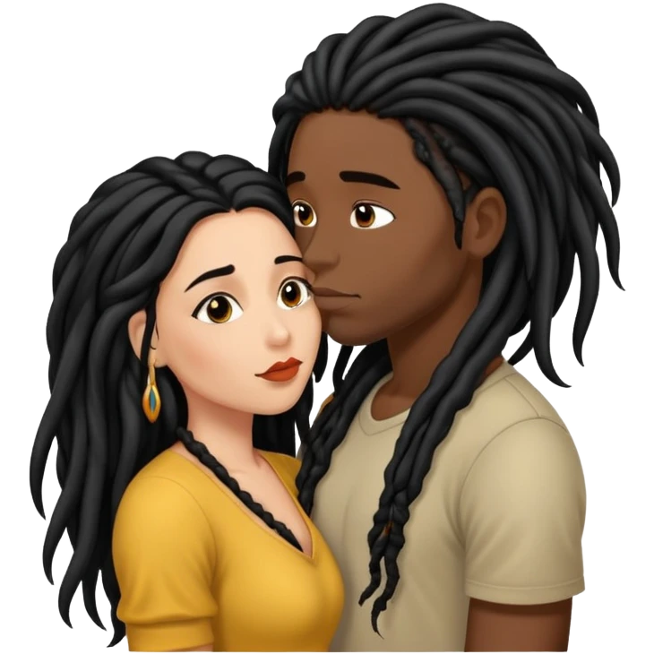 Latina Woman with long hair kissing a young black guy with dreads no beard emoji