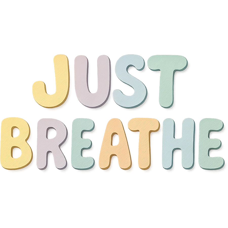 "Just Breathe" in soft pastel rainbow soft bubble letters, cute hand-drawn font, no frame, transparent background emoji