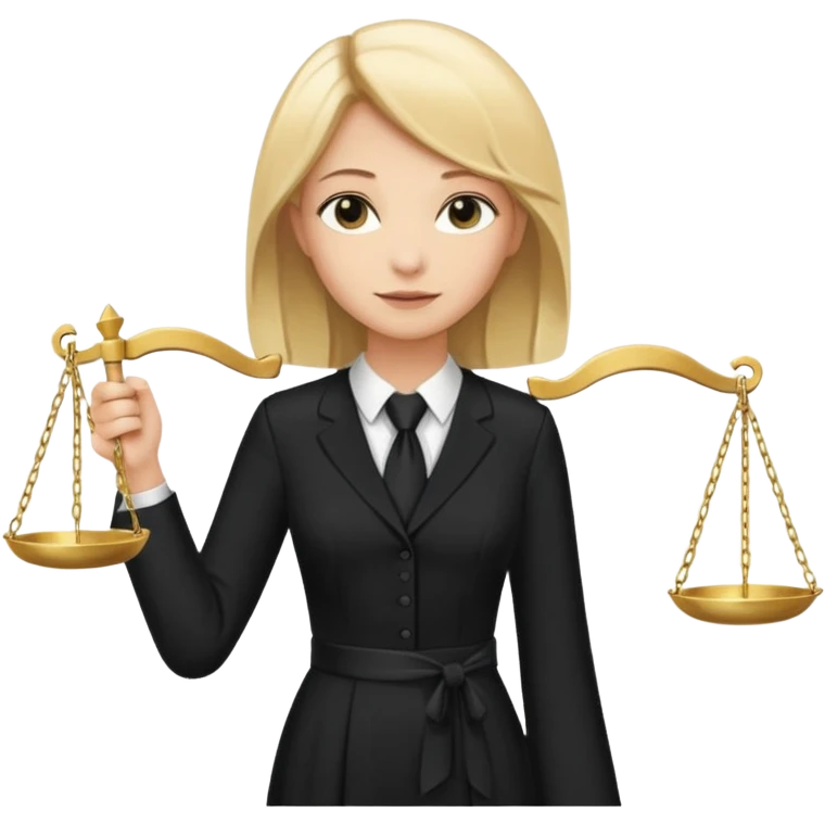 woman lawyer blanche et blonde avec des cheveux mi-long; elle est habillée avec une longue robe noire et une cravate blanche; elle est victorieuse en portant la balance de la justice emoji