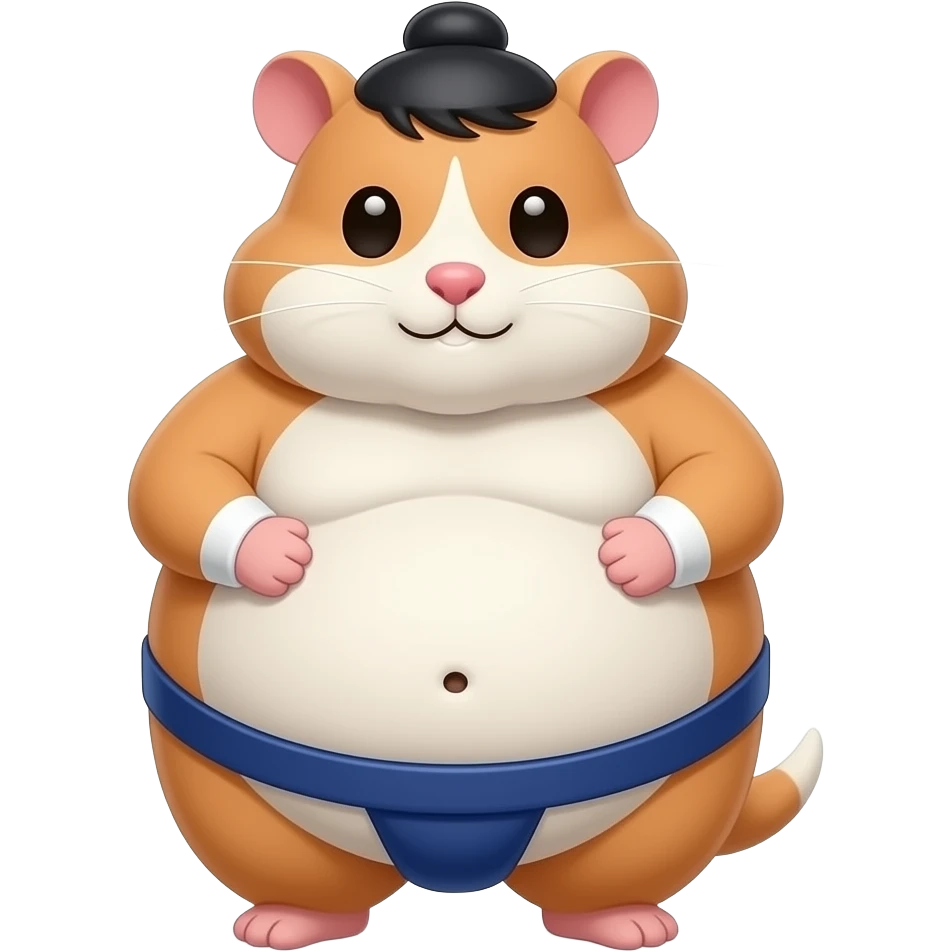 A cute female hamster,suited to be a sumo wrestler,she rubs her huge overstuffed stomach,a cute little bellybutton poking out of her fur,she is massively fat. emoji