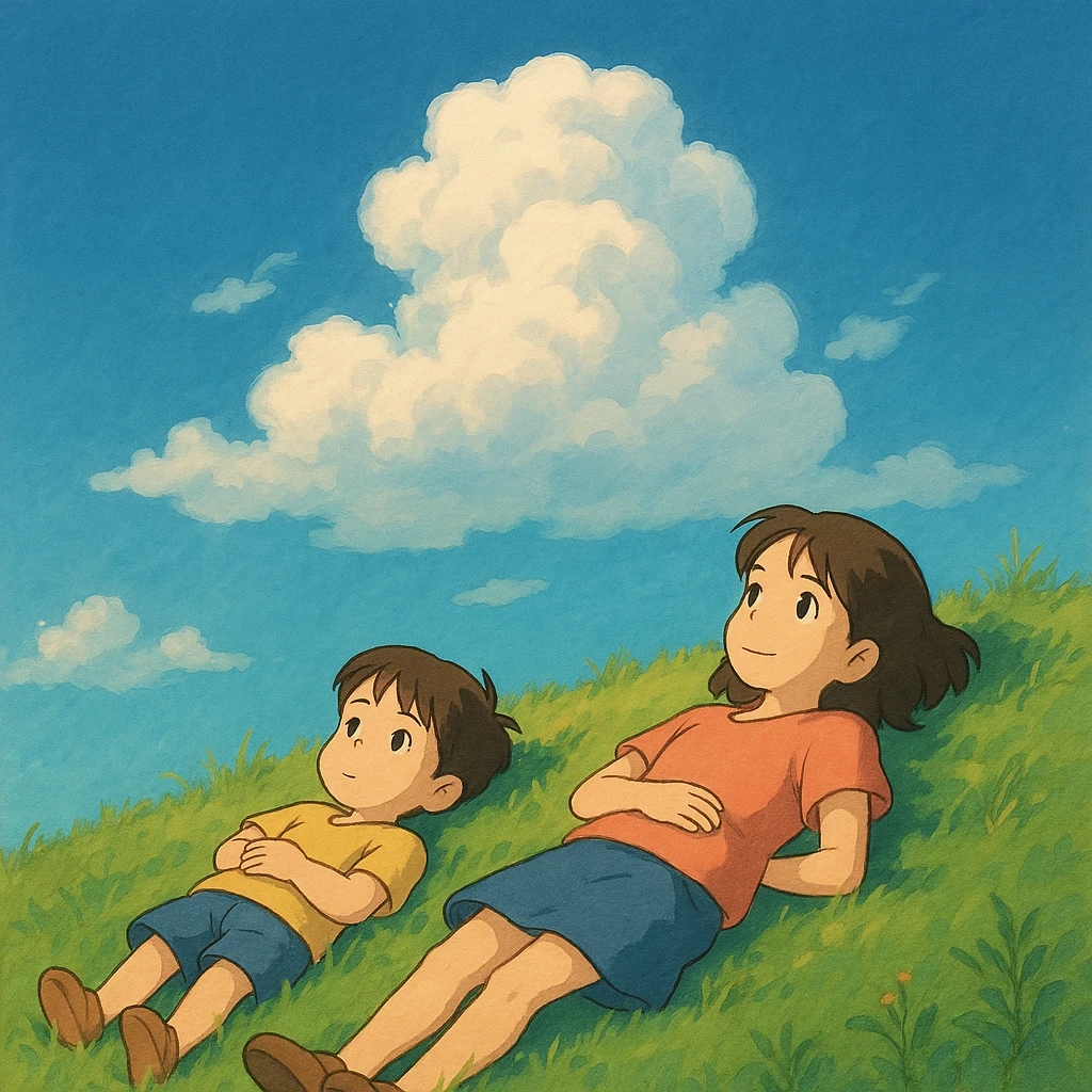 Two siblings lying on a grassy hill, gazing up at drifting cloud emoji
