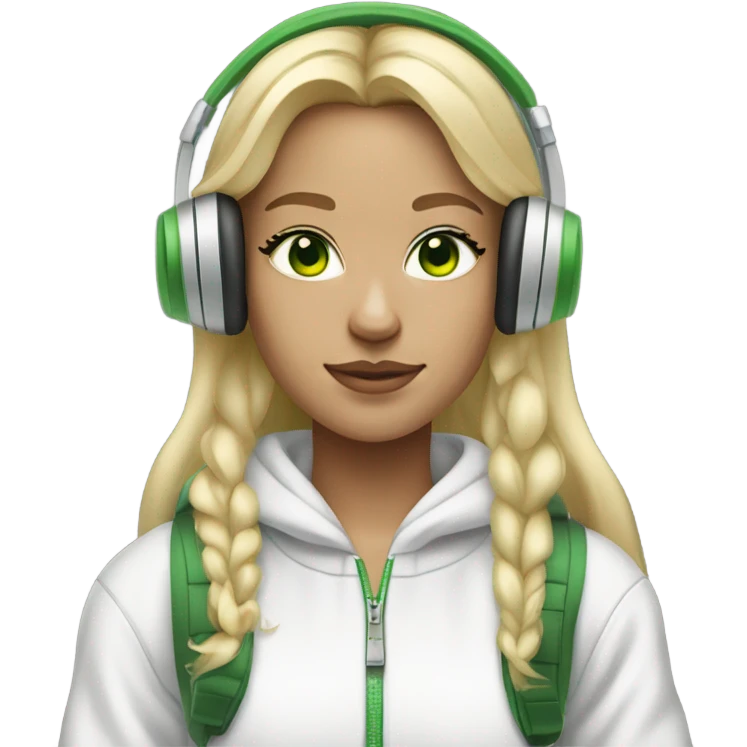  blonde girl wearing white headphones with green eyes and grey tracksuit and white airforces emoji
