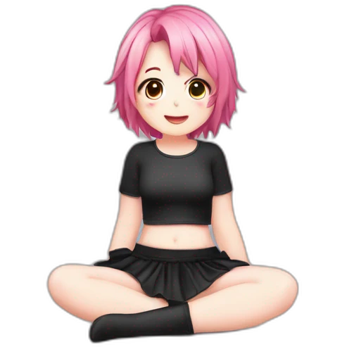 Full body Front view curvy emo girl pink hair sits on the floor straight view hands up black skirt белые трусики полосатые рваные чулки emoji