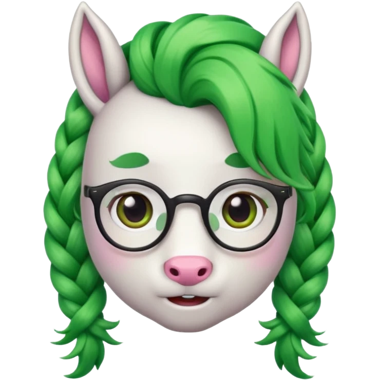 braided unicorn face wiith big visible braids looking into the camera spectacled green hair and no ears emoji
