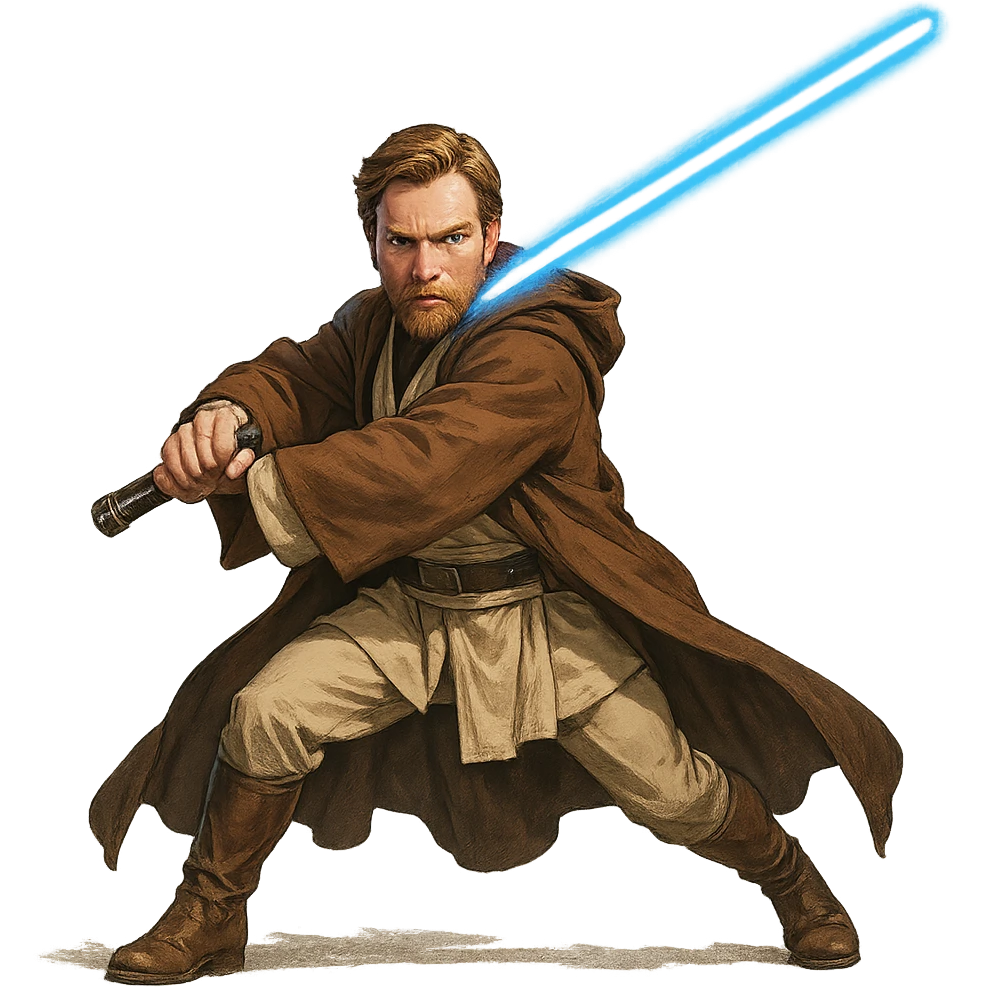 Obi-Wan Kenobi, action pose, brown robe, blue lightsaber, determined face, Star Wars emoji