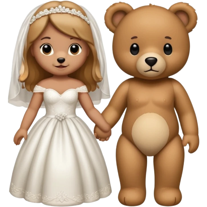 Teddy bear wearing white wedding dress holding the hand to another teddy bear wearing nothing.  emoji