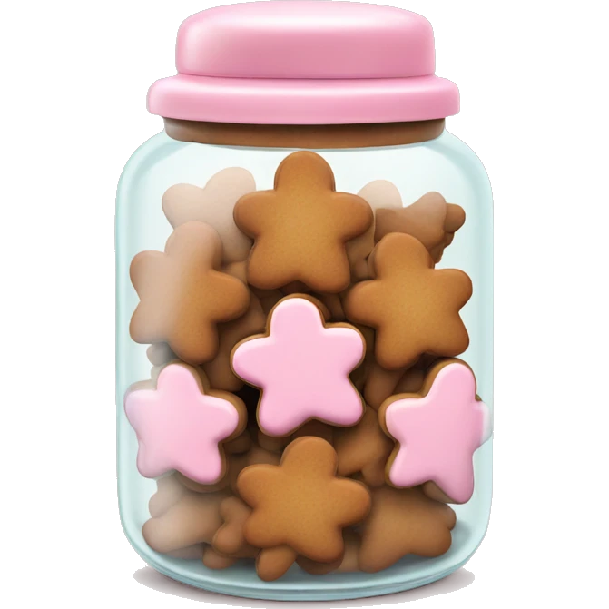 Realistic glass cookie jar with light pink lid full of gingerbread cookies isolated.  emoji