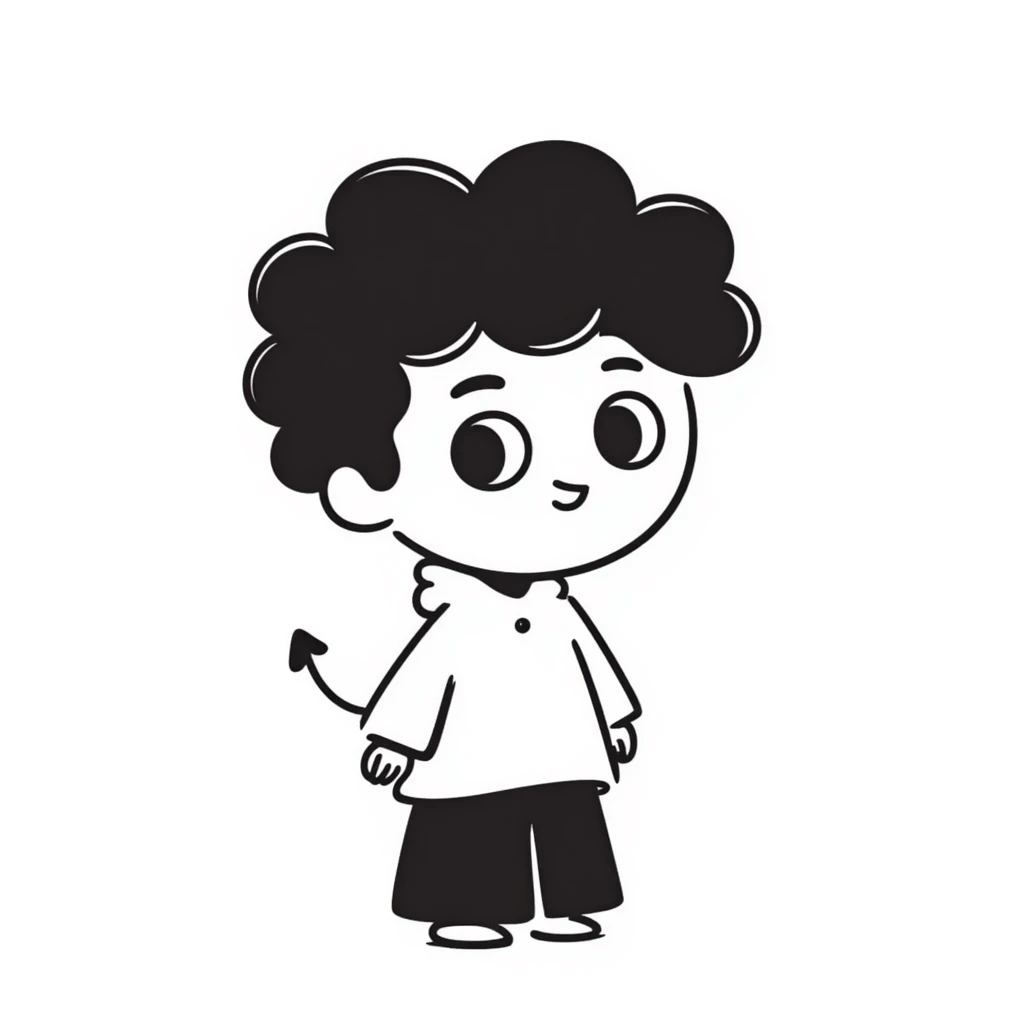 hand-drawn chibi demon with big innocent eyes, small pointy tail, and adorable expressive face emoji