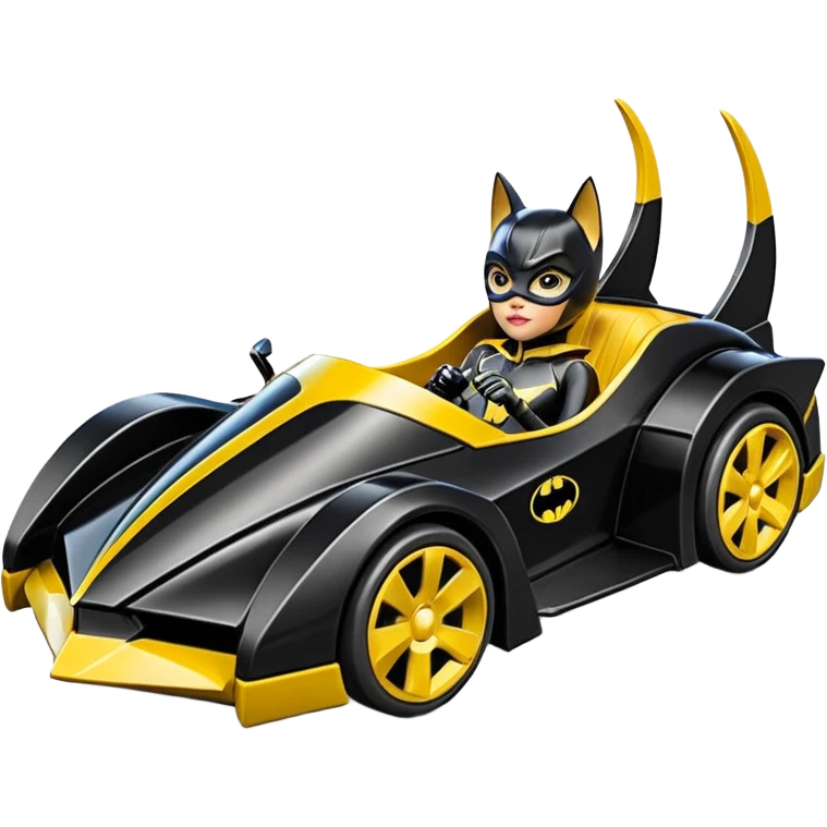 Hot wheels cartoons BatGirl’s stealth retro cat burglar sporty futuristic pursuit mobile two seater car (reclined seating position) emoji