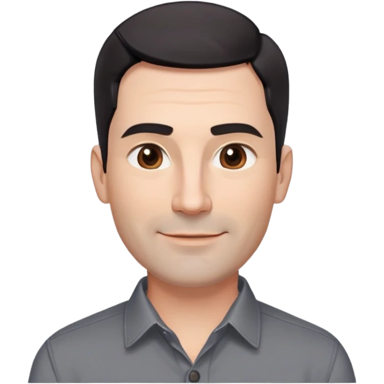 Professional-looking man in his 40s with wide square face, defined jawline, full cheeks, warm smile, medium brown eyes, prominent natural eyebrows, straight wide nose, slightly upturned lips, short fade haircut with dark almost black hair, wearing a gray button-up shirt emoji