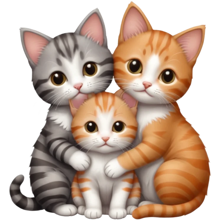 3 very small kittens cuddling together all different colours, the first one is grey and white, the second is ginger and white and the third is brown tabby and white emoji