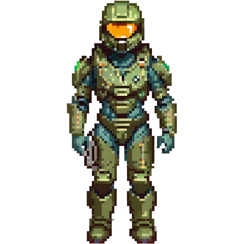 Master Chief, Halo series, visor glowing, battle-worn armor, standing ready, sci-fi background, pixel art style emoji