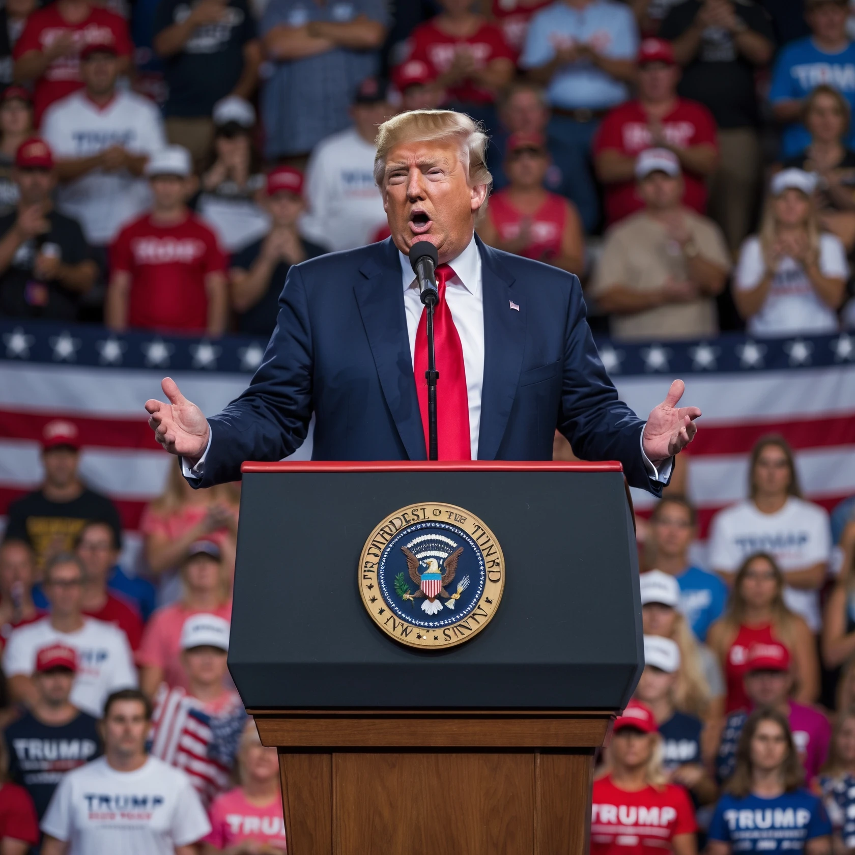 Donald Trump speaking at a rally emoji | AI Emoji Generator