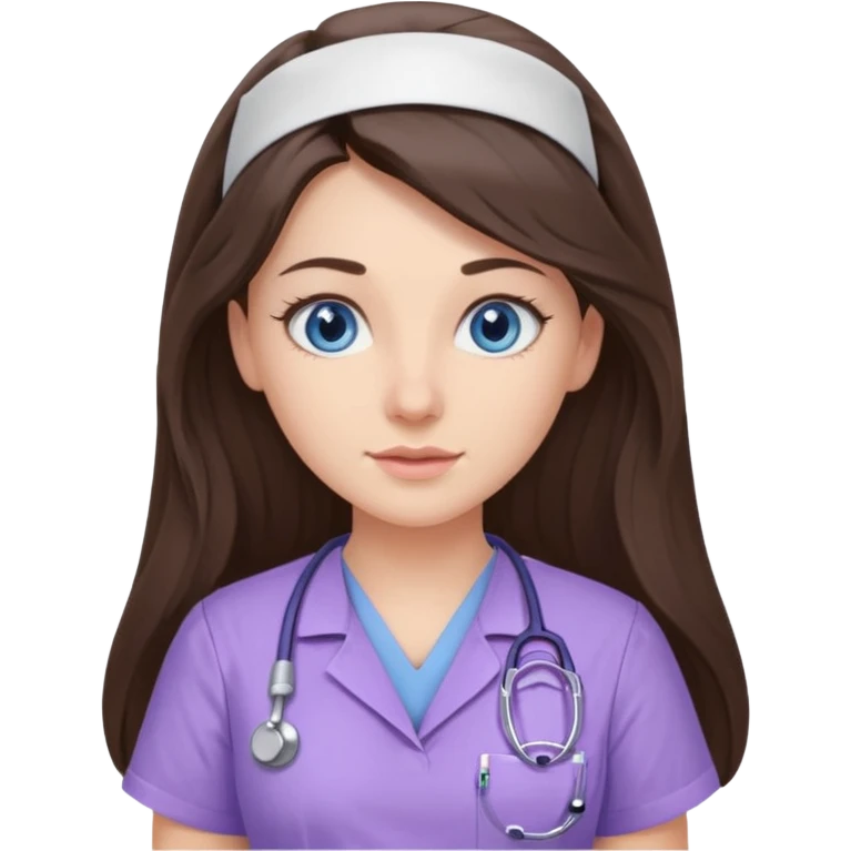 pretty brunette nurse with long hair and blue eyes in lilac scrubs emoji