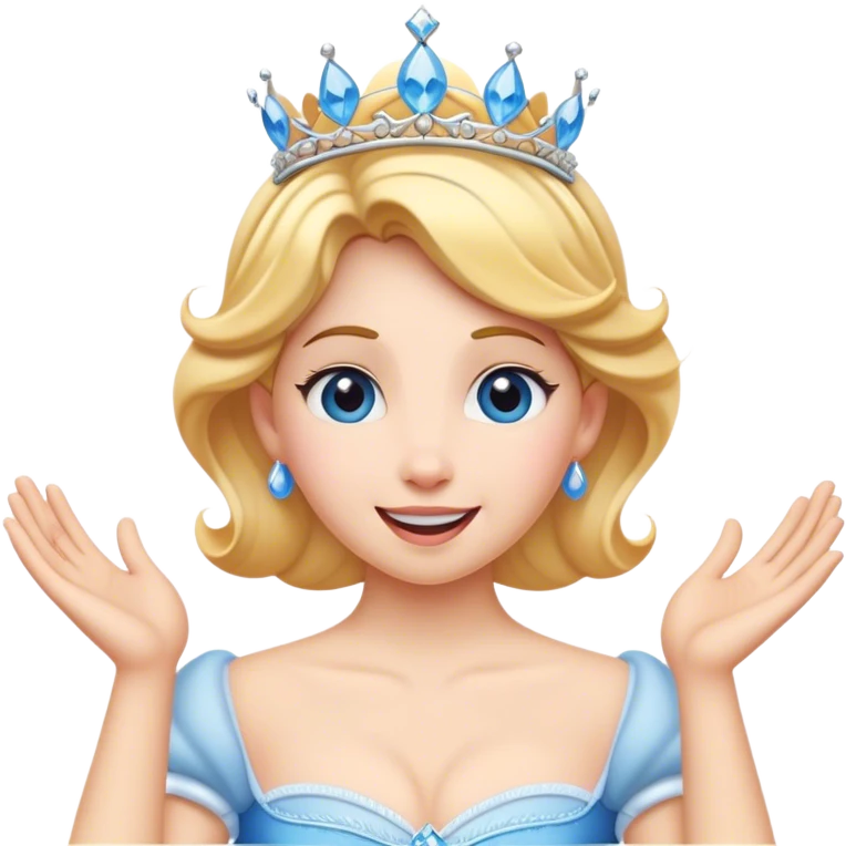 Cinematic Playful Cinderella Portrait Emoji, Blushing with excitement, hands clasped near her heart, eyes wide with anticipation, her tiara slightly askew from an unexpected twirl, a radiant princess caught in a moment of joy, utterly captivating! emoji
