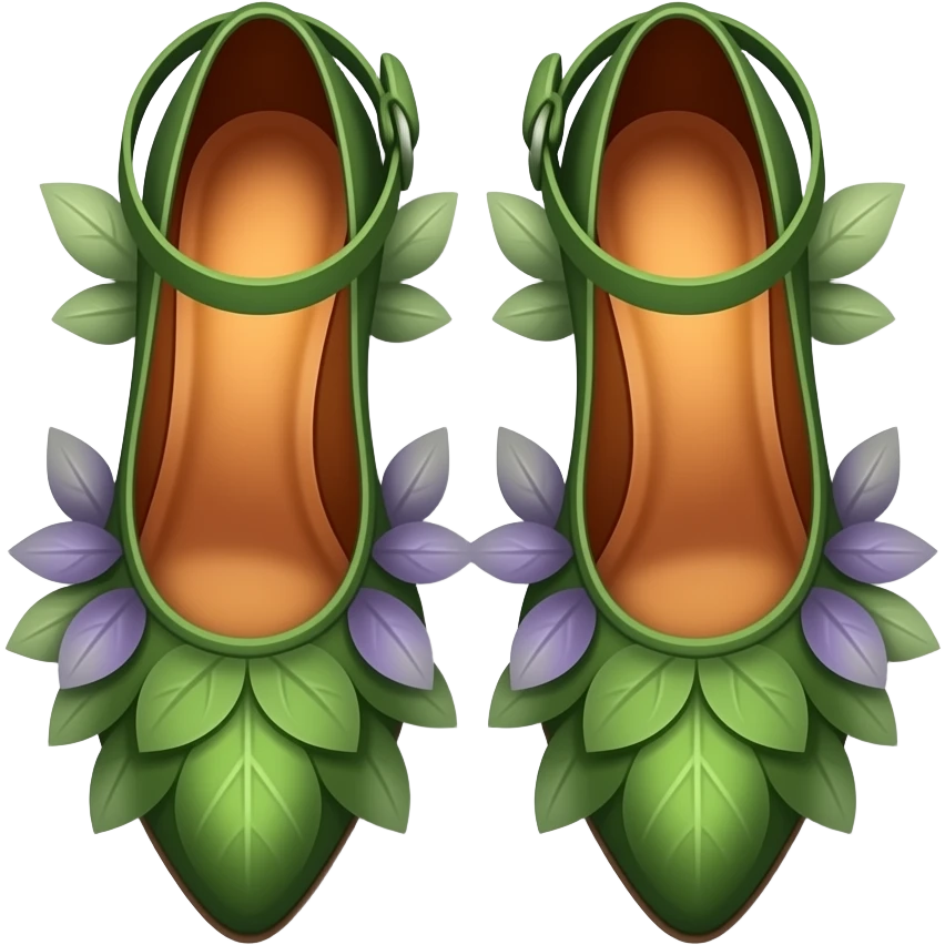 A pair of refined fairy shoes in deep green and warm amber-orange, with graceful pointed shapes, delicate leaf-like structure, elegant straps, and subtle violet accents, rendered in a sophisticated botanical fantasy style. emoji