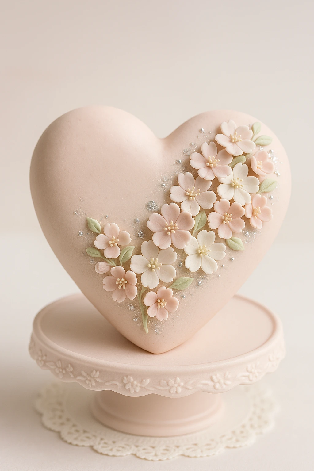 heart with sakura flowers and silver accents, fondant cake art style emoji