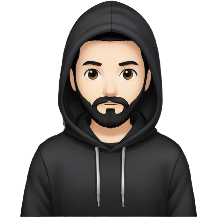 hackeur blanc cheveux noir barbe et capuche noir à côté d'un server ia emoji
