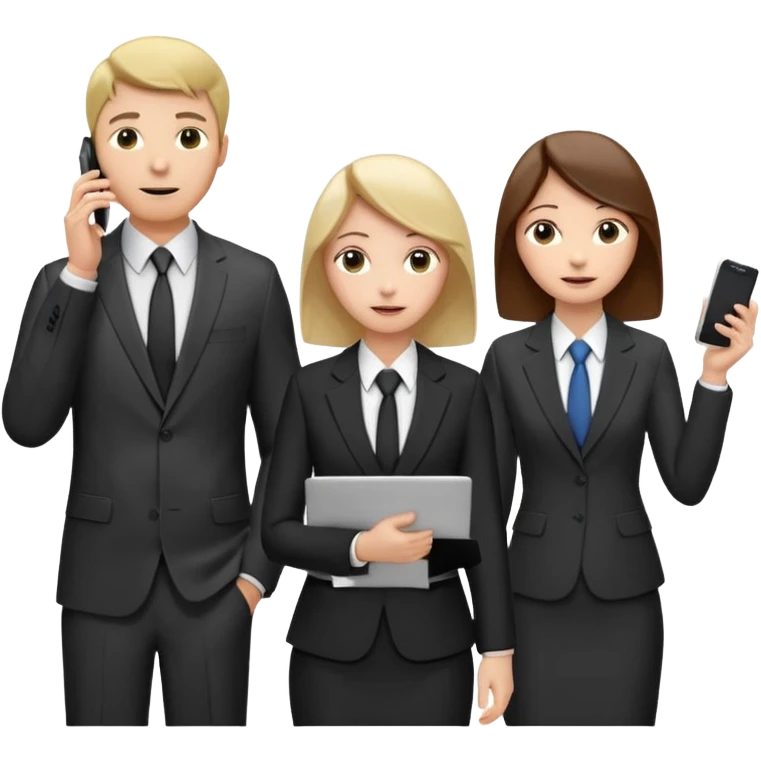 Команда в костюмах из трёх человек. на переднем палне Мужчина впереди общается по смартфону, дальше женщина слева стоит с ноубуком, мужчина справа держит бумаги. У всех людей разные, но позитивные эмоции emoji