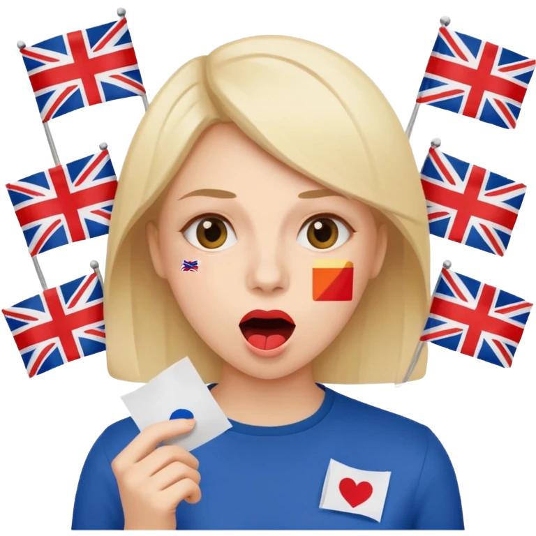 a woman is talking and English flags are coming out of her mouth emoji