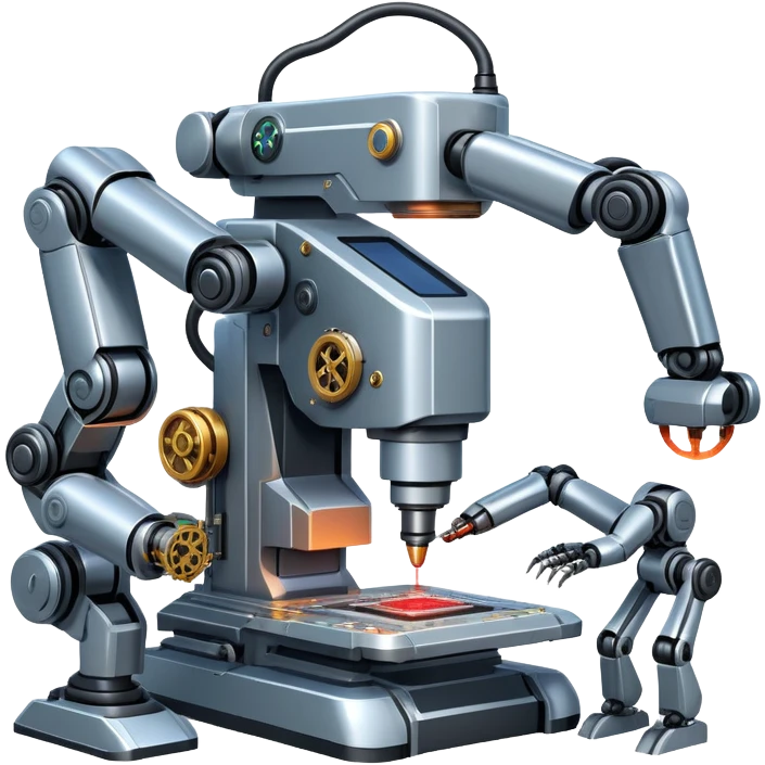 An icon featuring a giant robotic machine welding a large microchip with a laser, using two robotic arms. The design includes circuit boards, gears, and technical schematics, symbolizing advanced engineering and automation. Transparent background highlights the fusion of technology emoji
