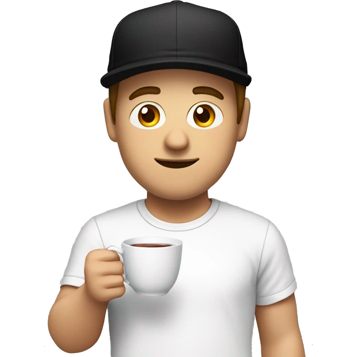 White Men using a black cap with white shirt, and holding a tea-cup with one hands I front of him  emoji