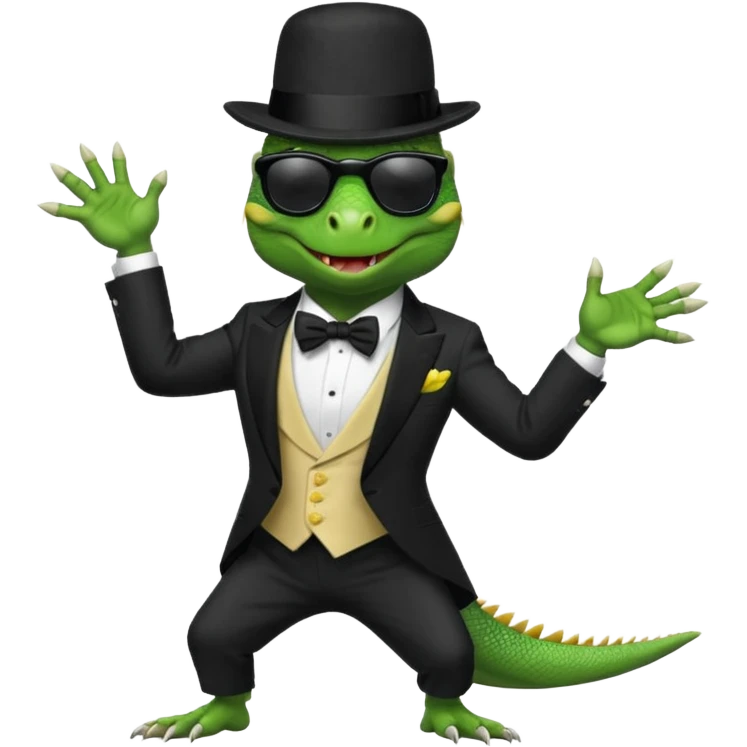 capitalist iguana in tuxedo and hat black sunglasses dancing emoji