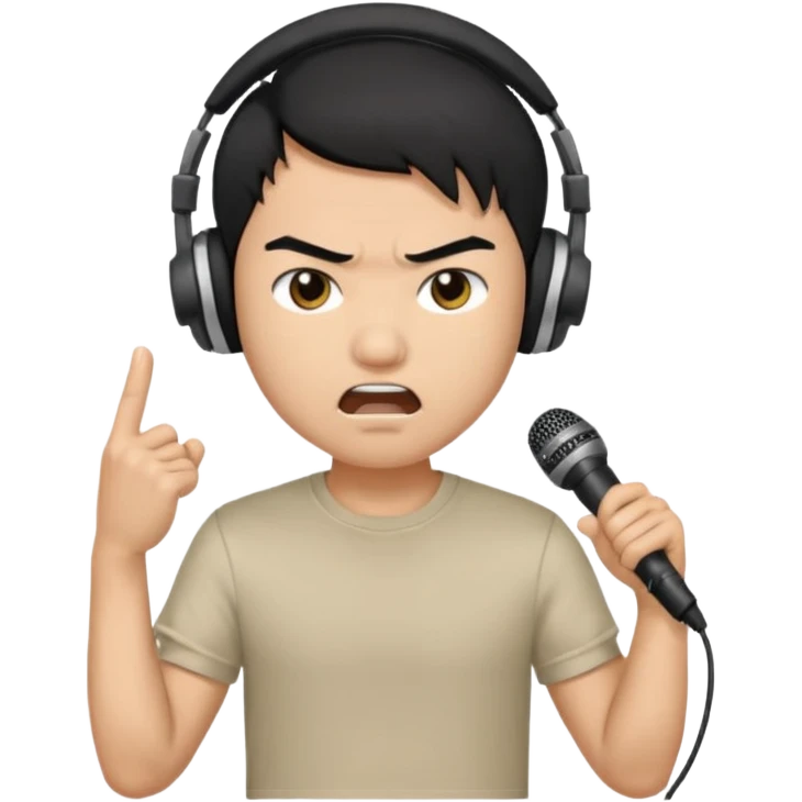 asian Male, angry, wearing headphone having mic, t-shirt 
 emoji